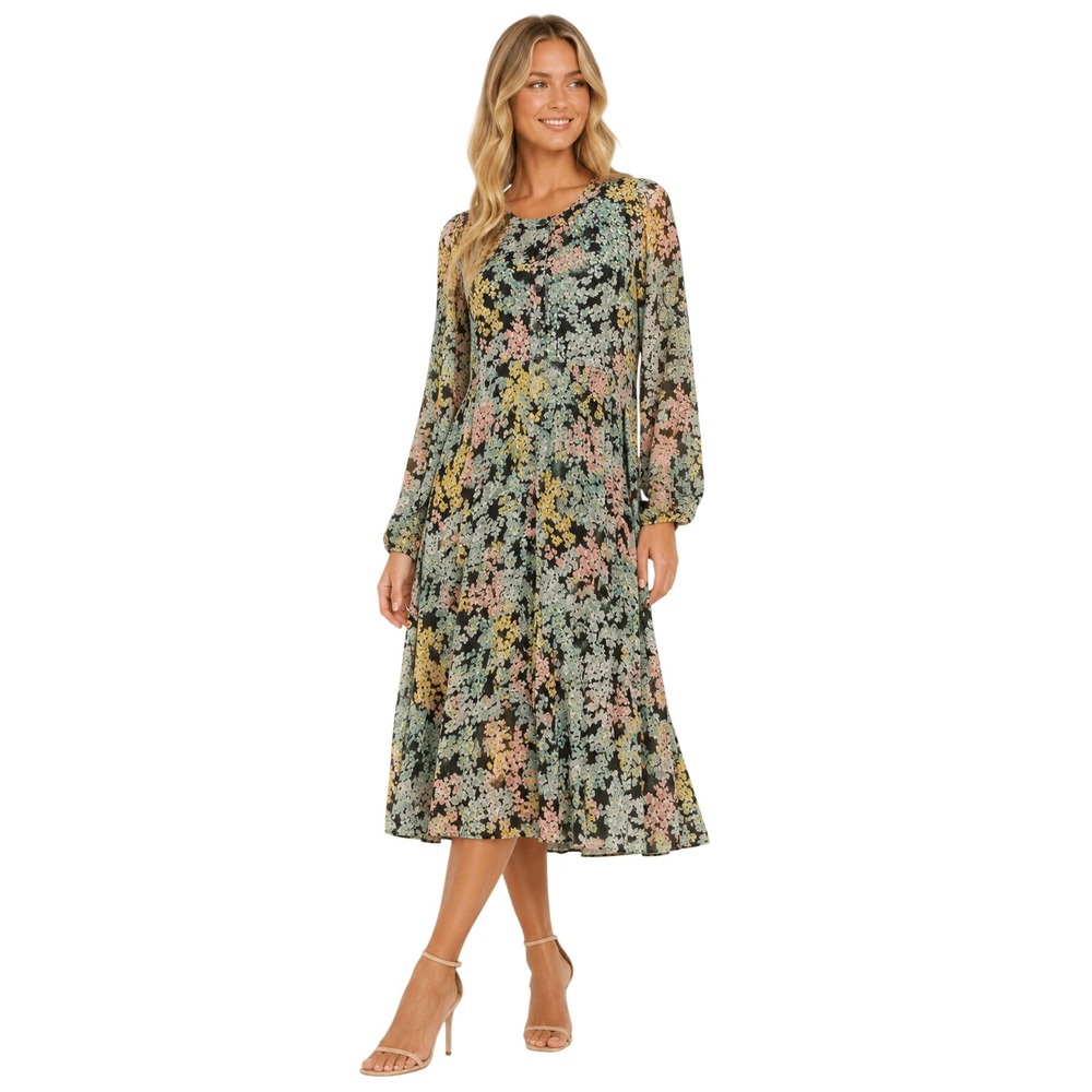 LOFT Women's Floral‎ Printed Button Front Long Sleeve Pleated Midi Dress Size 8P